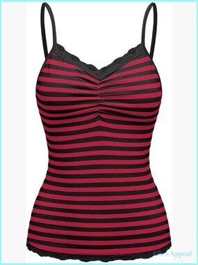 Striped Lace Trim V-Neck Camisole Top Women's Fitted Summer Tank